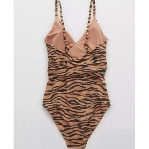 Aerie Tiger Animal Print Stripe Wrap One-Piece Swimsuit Tan Black Size M EUC - Picture 4 of 8